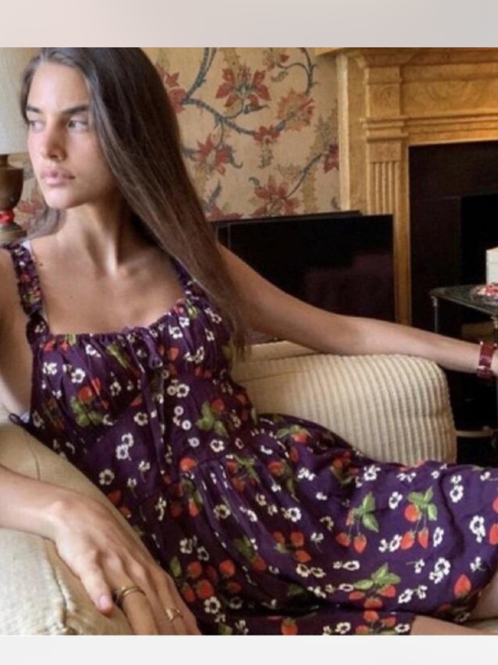 Urban Outfitters Purple Floral Smocked Romper with Strawberries